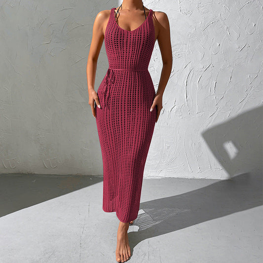 Vacation Beach Blouse Hollow Out Cutout Backless Knitted Dress Women Split Crochet hook