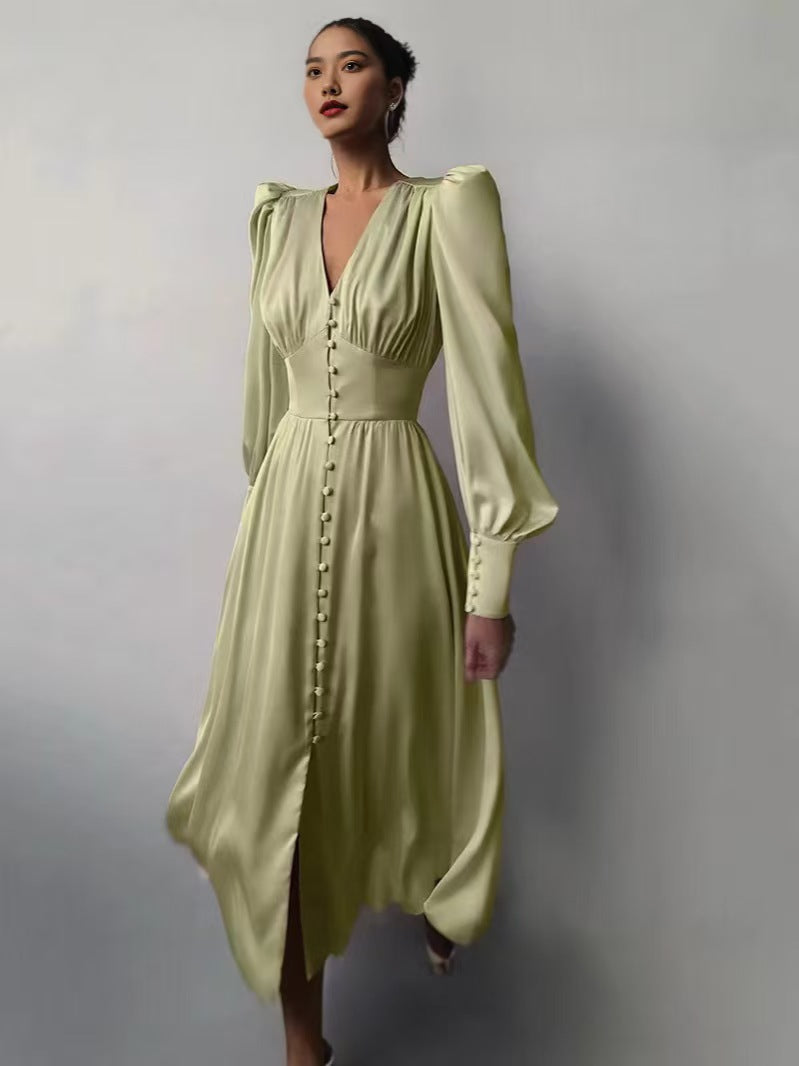 V-Neck Elegant Long Sleeve Waist-Defining Dress Style