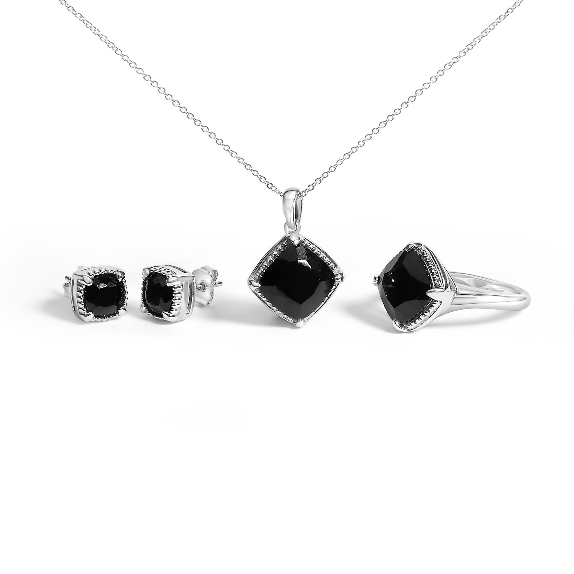 Sterling Silver Cushion Onyx 3-Piece Jewelry Set Ring Earrings Pendant 18 Inch Cable Chain-0