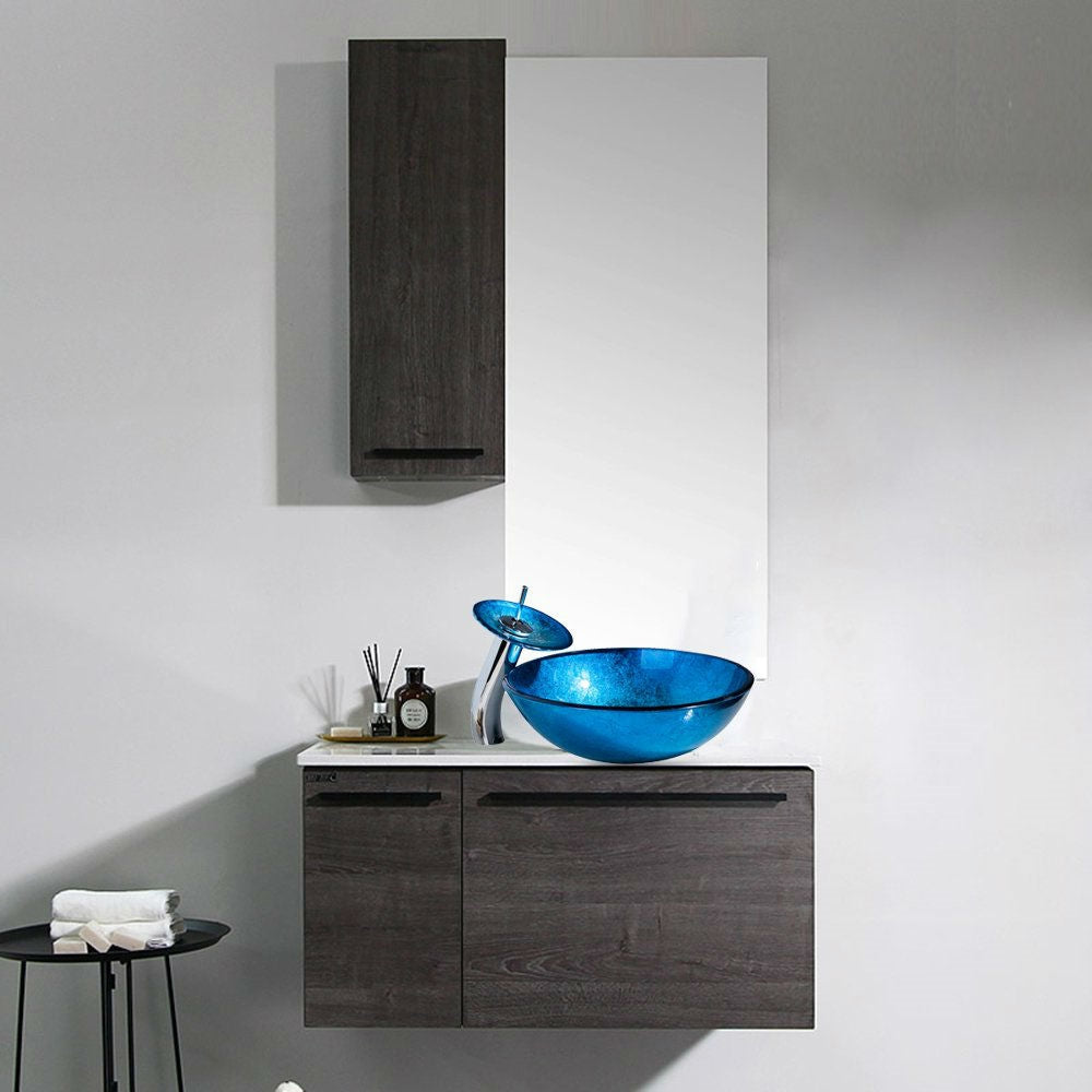 Modern Blue Glass Bathroom Vessel Sink and Faucet with Chrome Drain-2