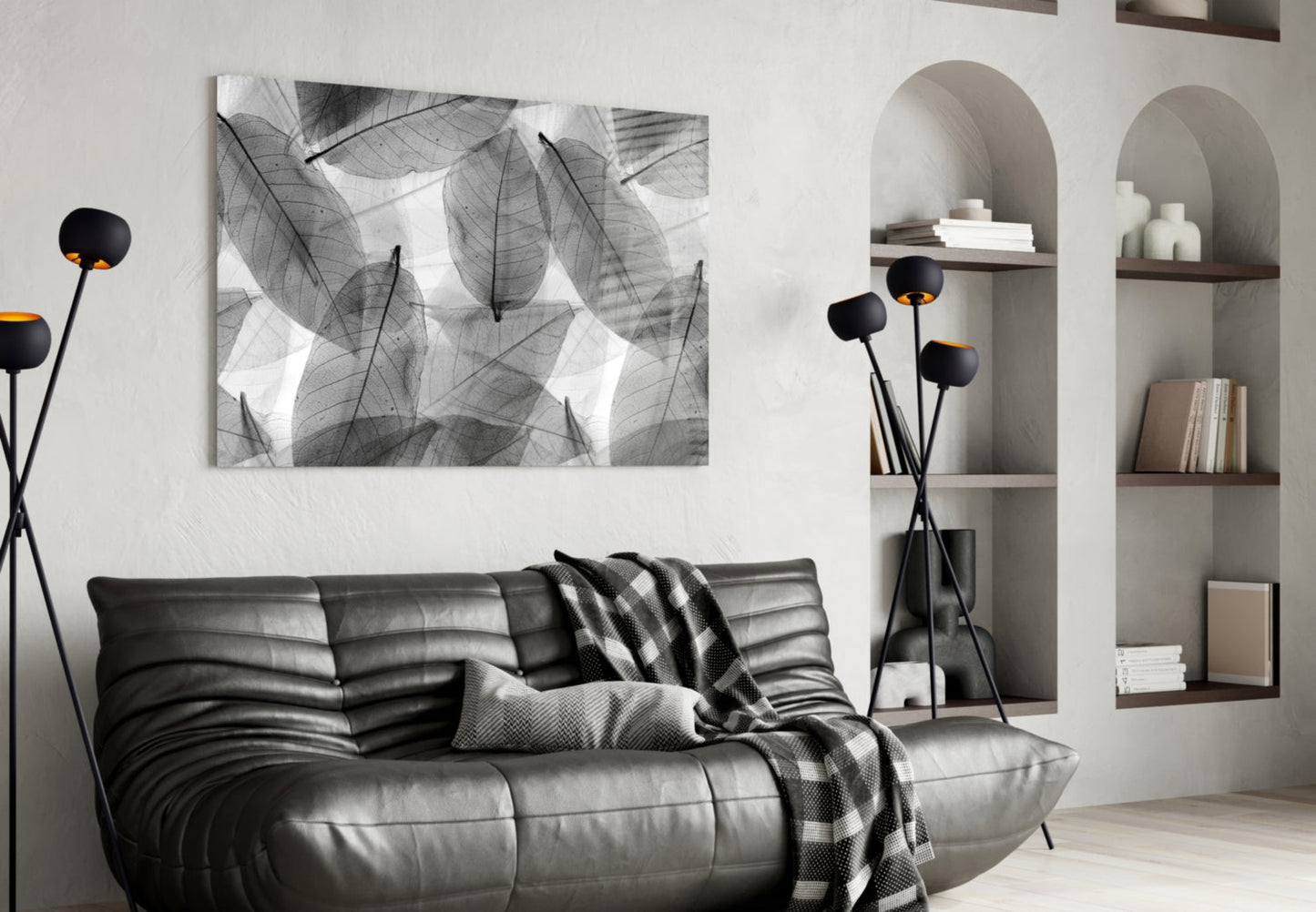 Black - White Leaves Glass Wall Art