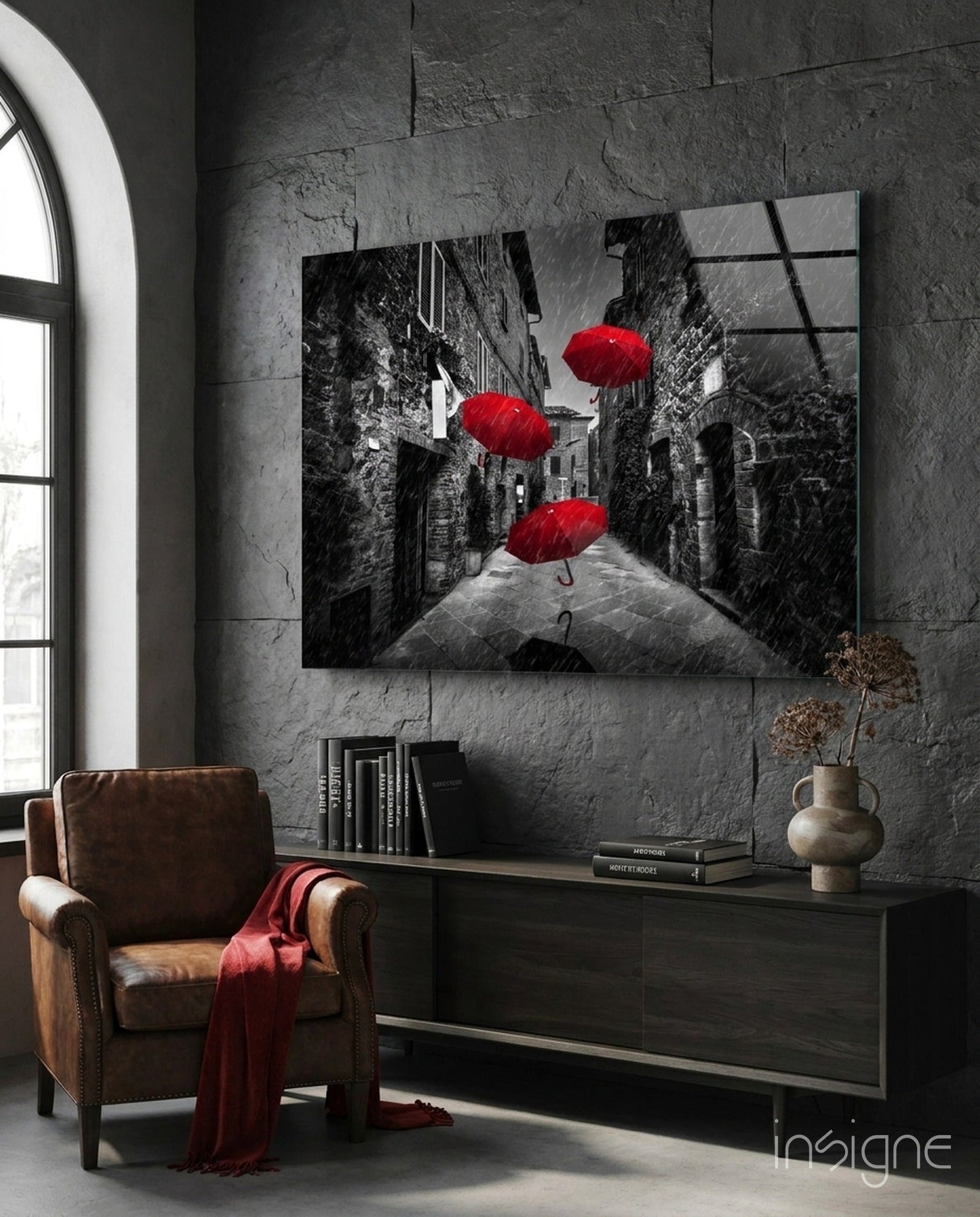Red Umbrellas Glass Wall Art