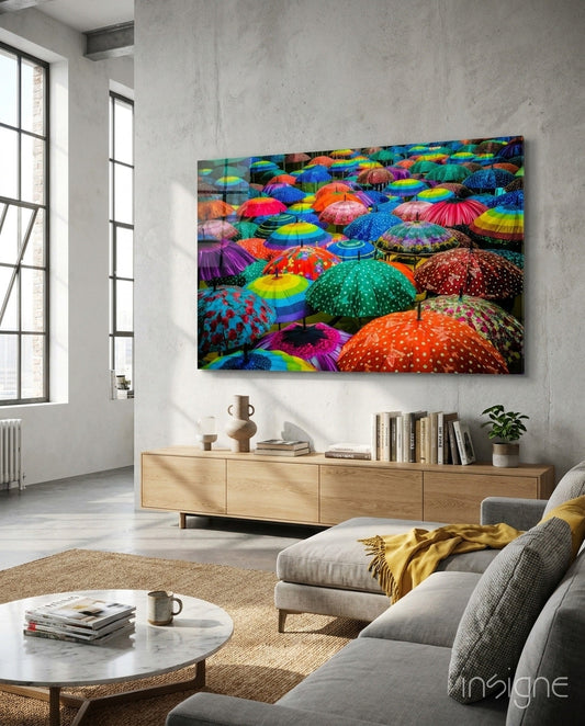 Colorful Umbrellas Glass Wall Art