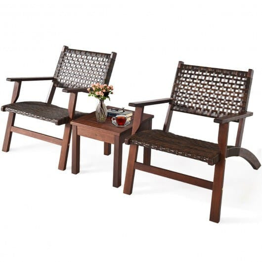3 Pieces Outdoor Wooden Patio Rattan Furniture Set-2