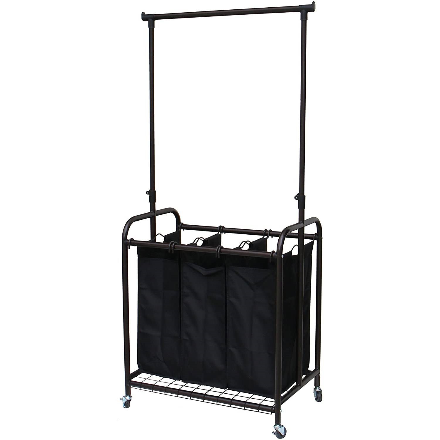 Bronze Black 3-Bag Laundry Sorter Hamper with Adjustable Clothes Hanging Bar-0