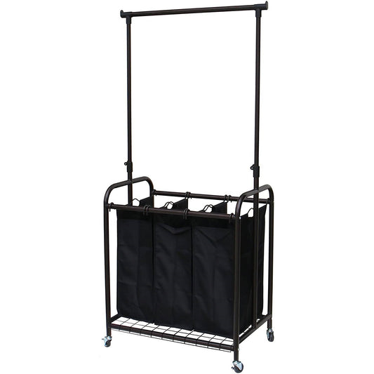 Bronze Black 3-Bag Laundry Sorter Hamper with Adjustable Clothes Hanging Bar-0