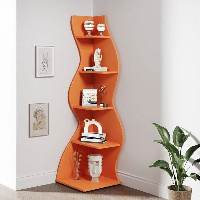 Modern Wave Shape 5 Shelf Corner Bookcase in Orange Wood Finish-0