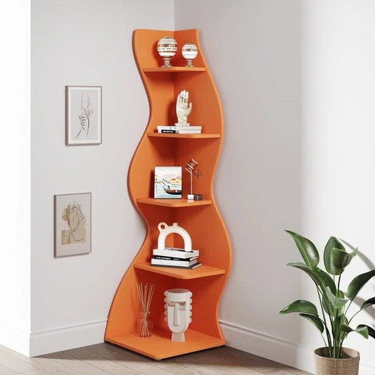 Modern Wave Shape 5 Shelf Corner Bookcase in Orange Wood Finish-0