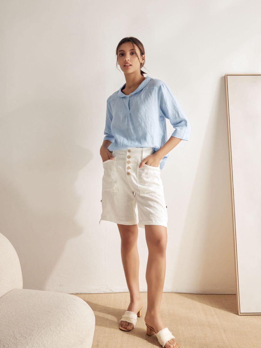 100% Linen V-Neck Half Sleeve Top JADE