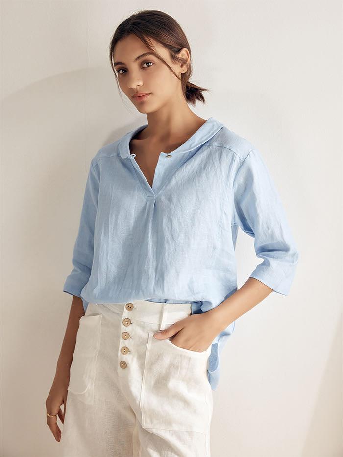 100% Linen V-Neck Half Sleeve Top JADE