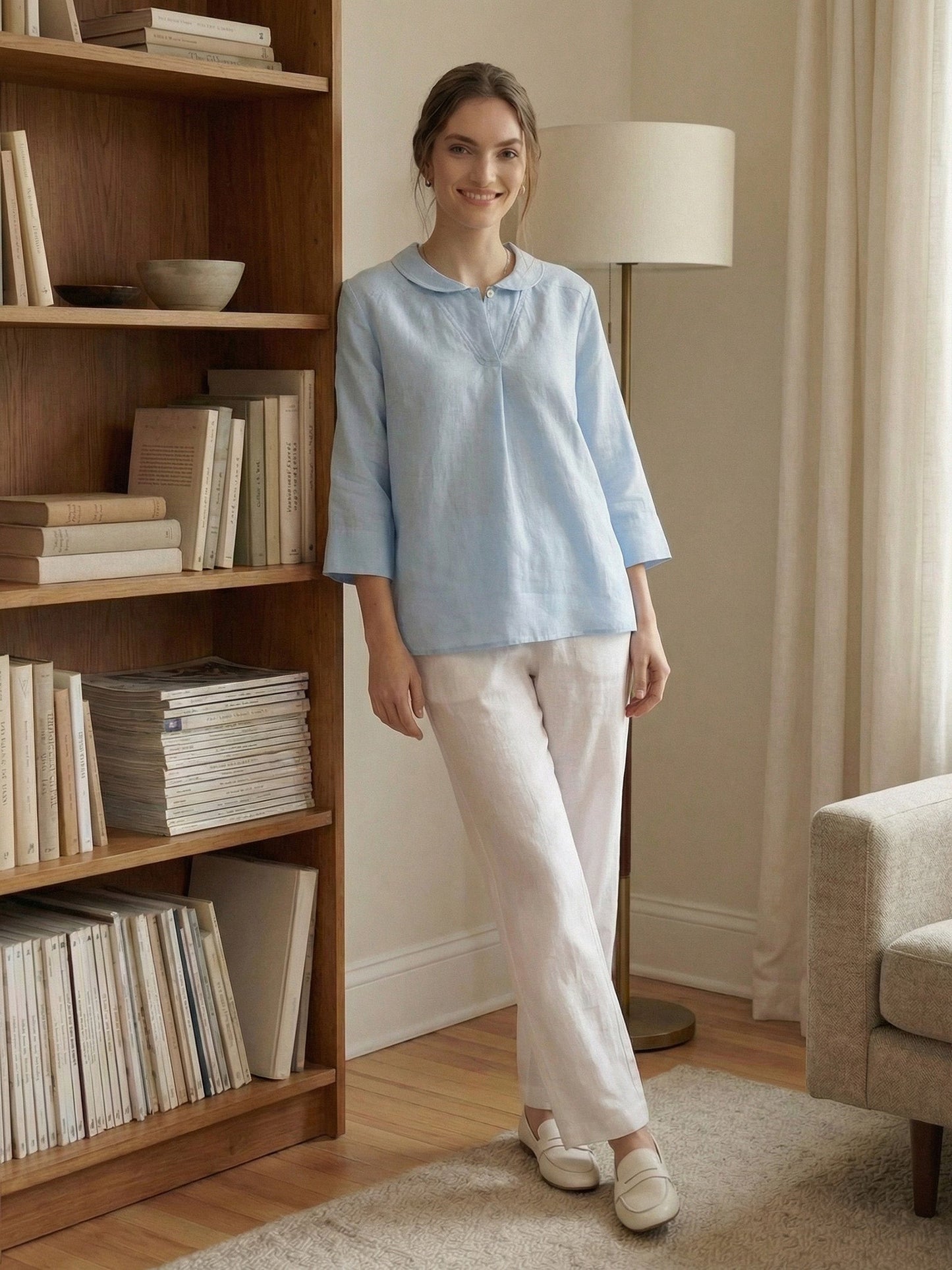 100% Linen V-Neck Half Sleeve Top JADE