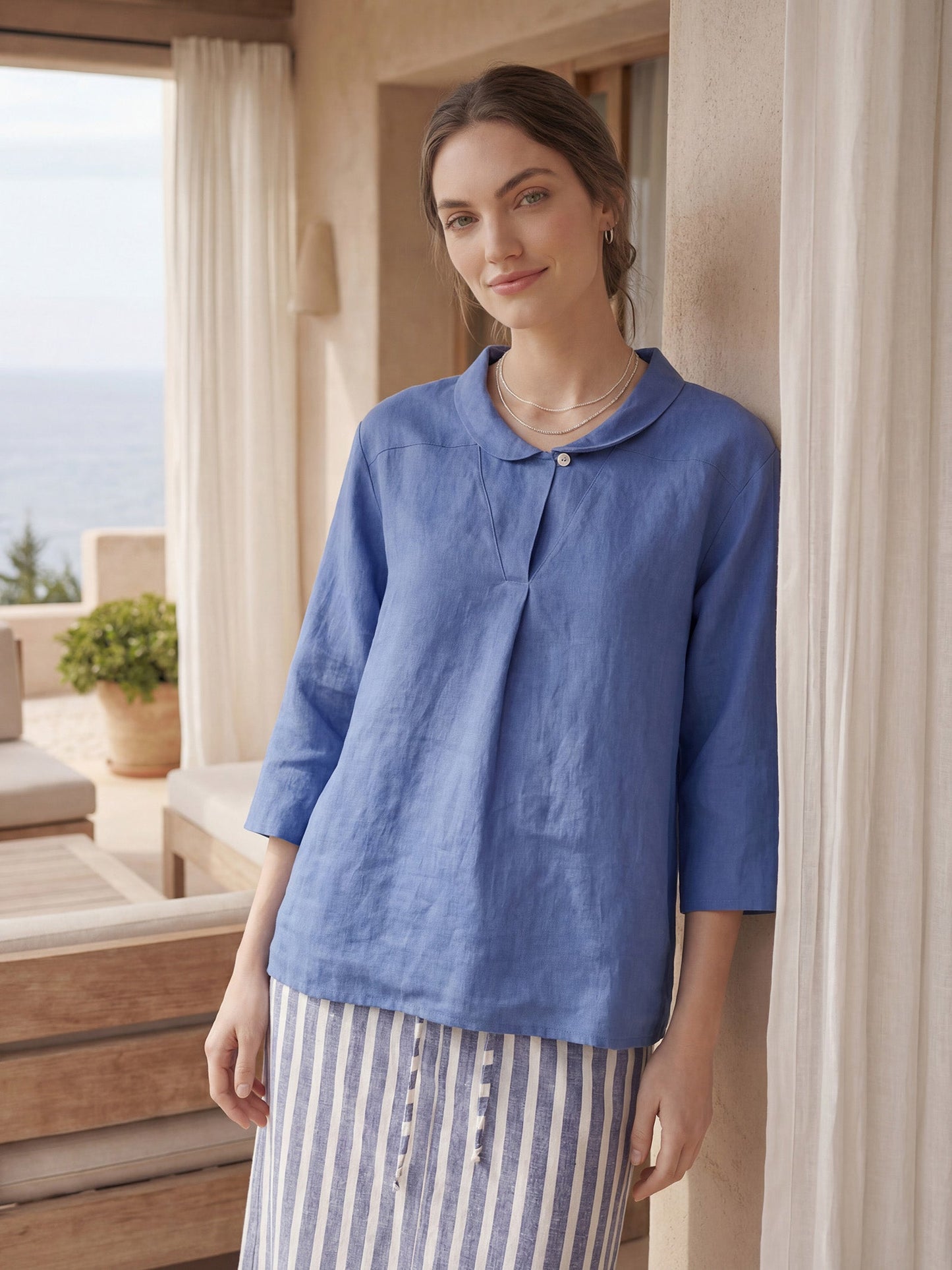 100% Linen V-Neck Half Sleeve Top JADE
