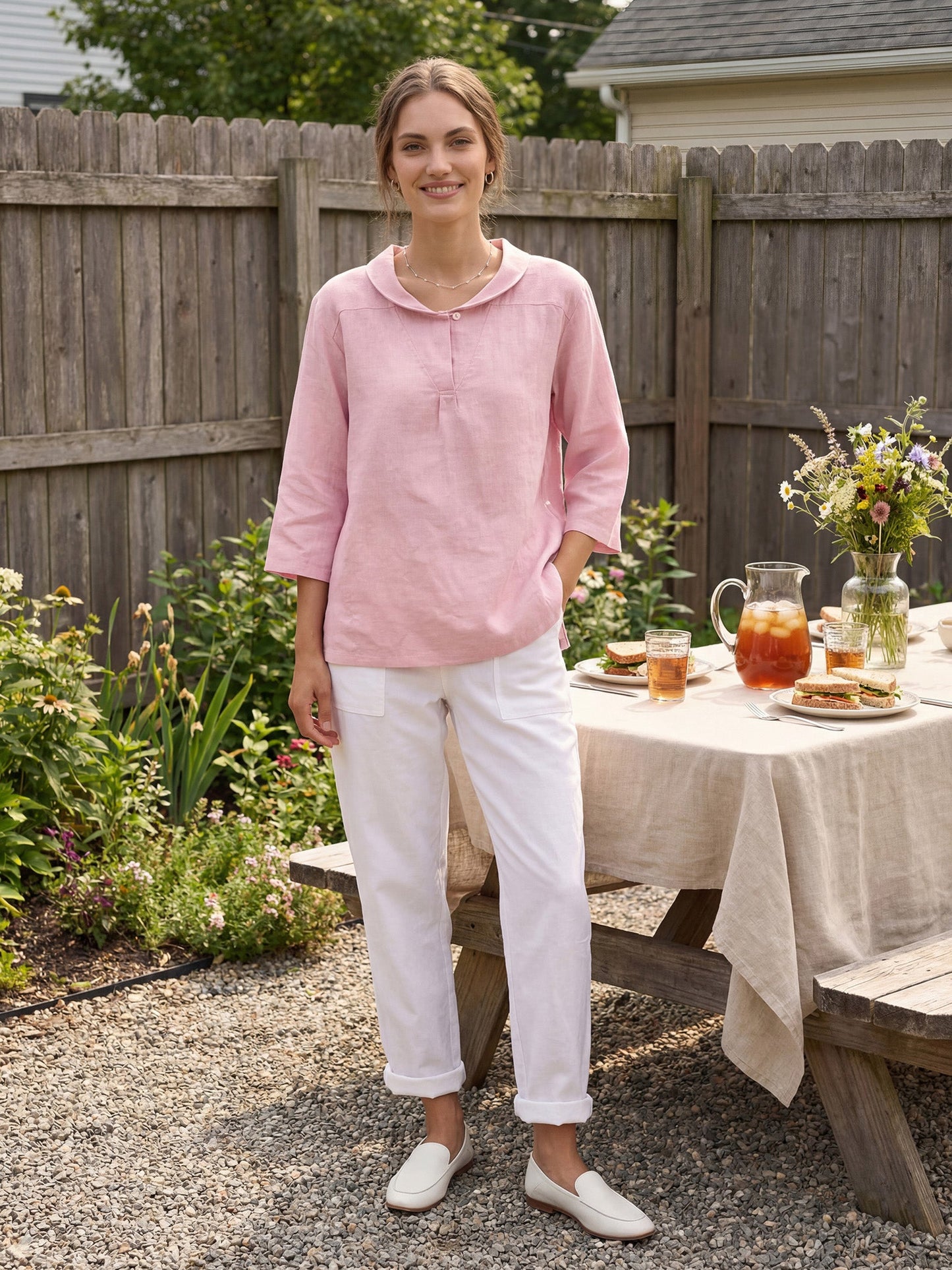 100% Linen V-Neck Half Sleeve Top JADE