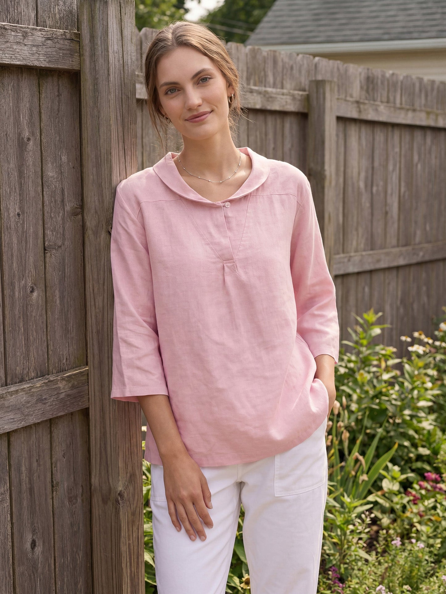 100% Linen V-Neck Half Sleeve Top JADE