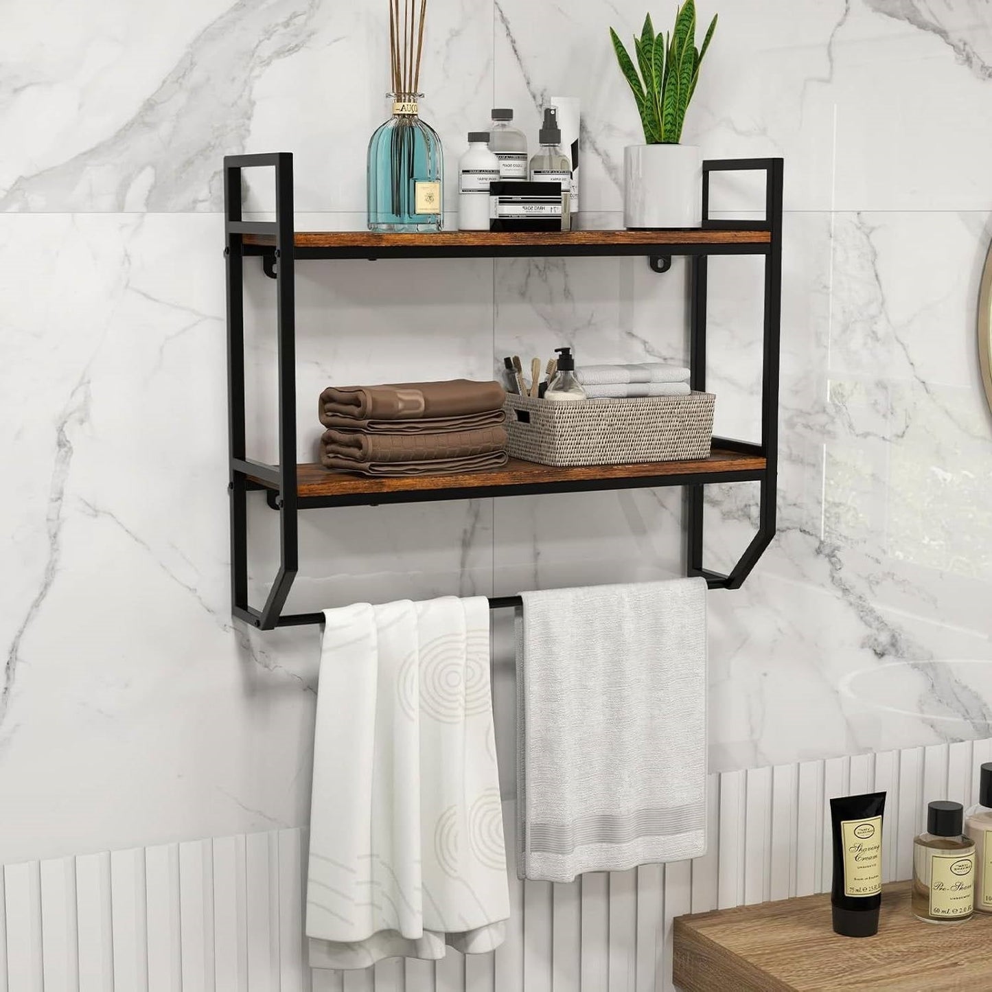 Wall Mounted Over Toilet 2-Shelf Bathroom Shelving Unit with Towel Bar-1