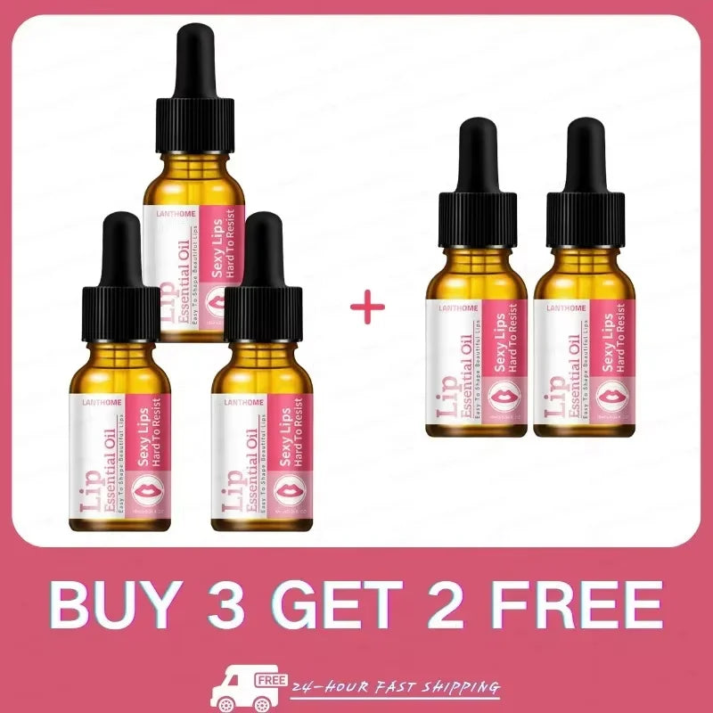 Set of lip essential oil bottles with promotional text on a pink background