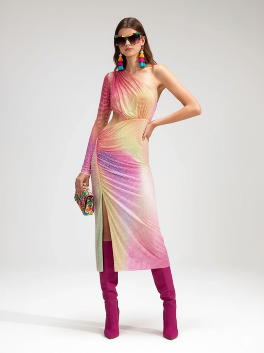 One-Shoulder Slit Dress with Cinched Waist For Women, Upper East Side, BYMANYC New York.-0