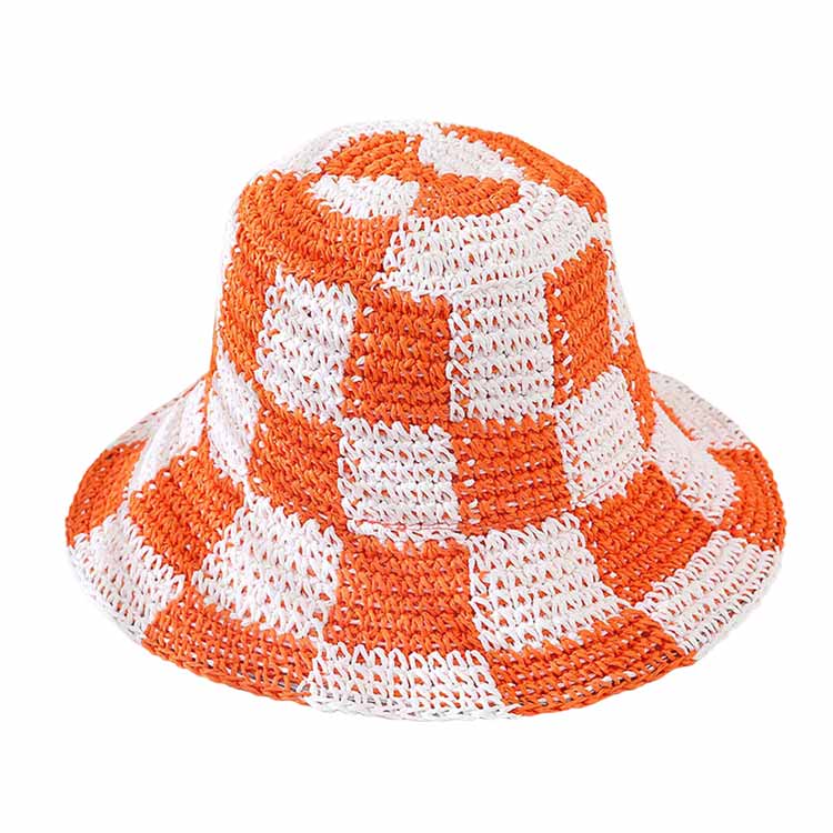 Checkerboard Patterned Straw Bucket Hat