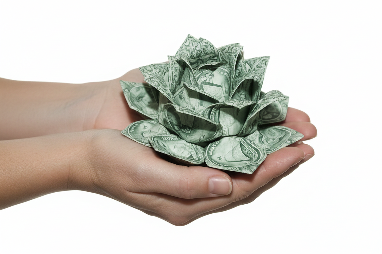 Origami-style money flower made from dollar bills on a white Artificial green flower with a red ribbon on a dark textured surface Money flower with a red ribbon on a textured green background Woman holding a bouquet of green flowers against a neutral background Green artificial rose with measurement details on a white  Origami-style money flower made from dollar bills on a white background Money flower made from dollar bills with a red ribbon 💎 LuxeByMimi — Signature Money Lotus Rose Servicebackgbackground