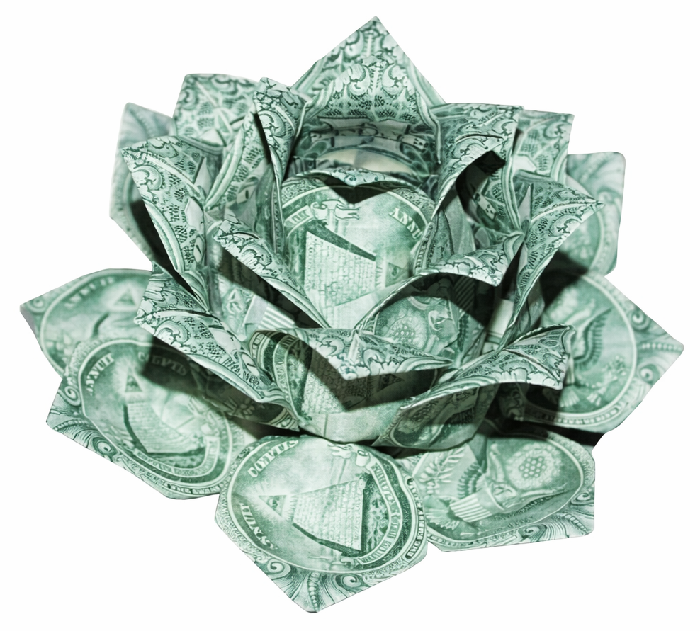 Origami-style money flower made from dollar bills on a white background Money flower made from dollar bills with a red ribbon 💎 LuxeByMimi — Signature Money Lotus Rose Service