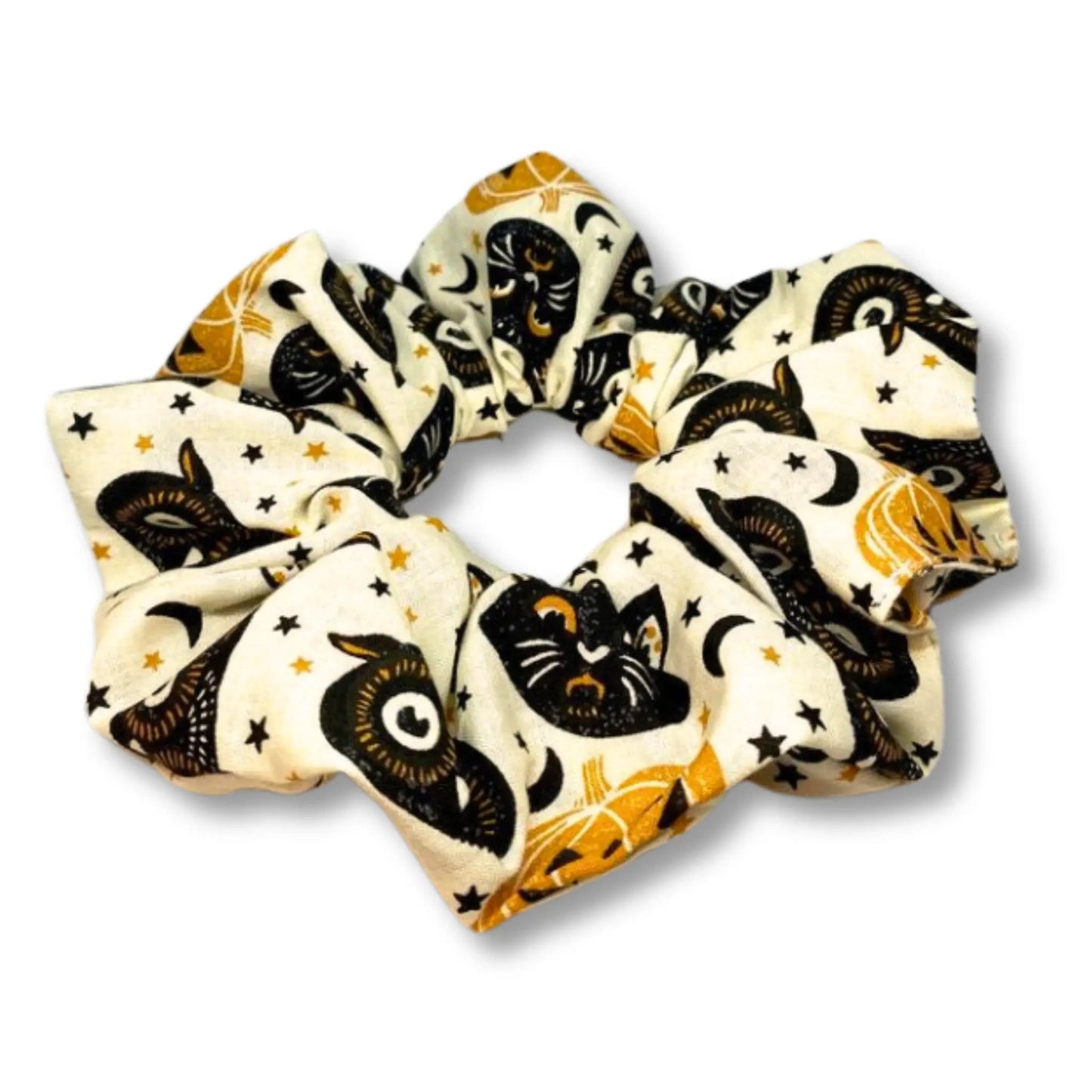 White Cat and Owl Heads Halloween Scrunchie