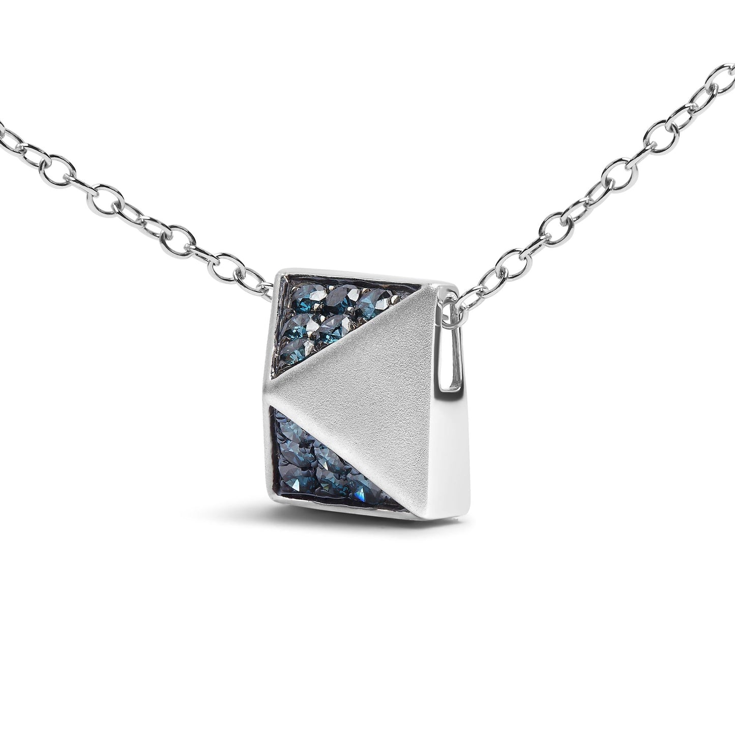 14K White Gold 1/4 Cttw Treated Blue Diamond Matte Finished Pyramid Pendant Necklace (Blue Color, SI1-SI2 Clarity) - 18" Inches-2