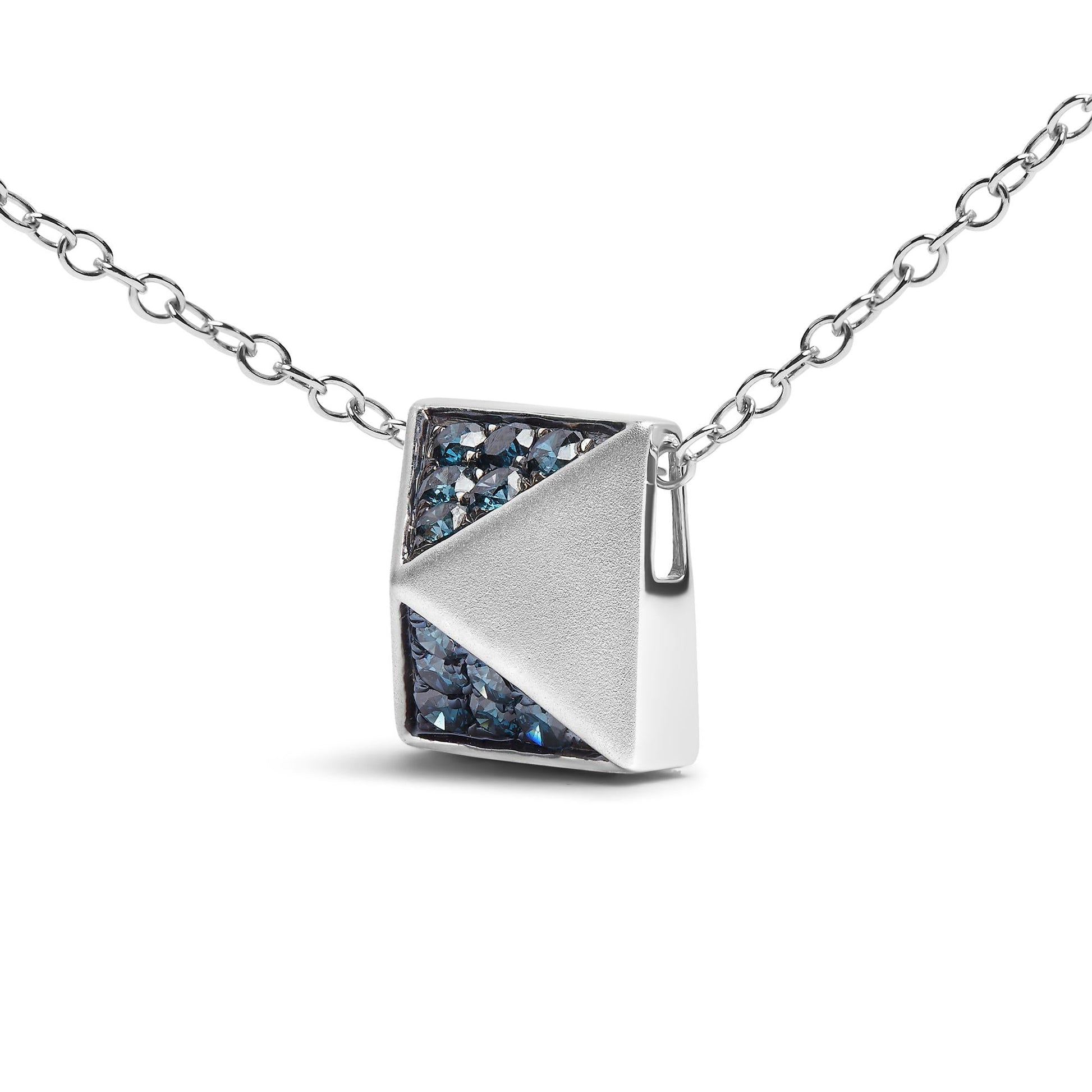 14K White Gold 1/4 Cttw Treated Blue Diamond Matte Finished Pyramid Pendant Necklace (Blue Color, SI1-SI2 Clarity) - 18" Inches-2