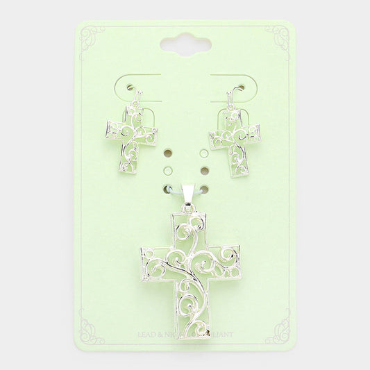 Filigree Metal Cross Pendant Set