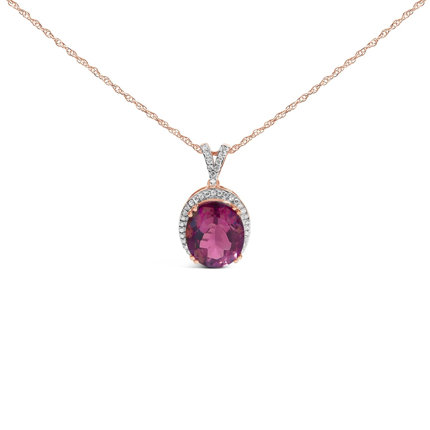 14K Rose Gold Vermeil Sterling Silver 1/5 Cttw Diamond Pink Quartz Oval Pendant Necklace-0