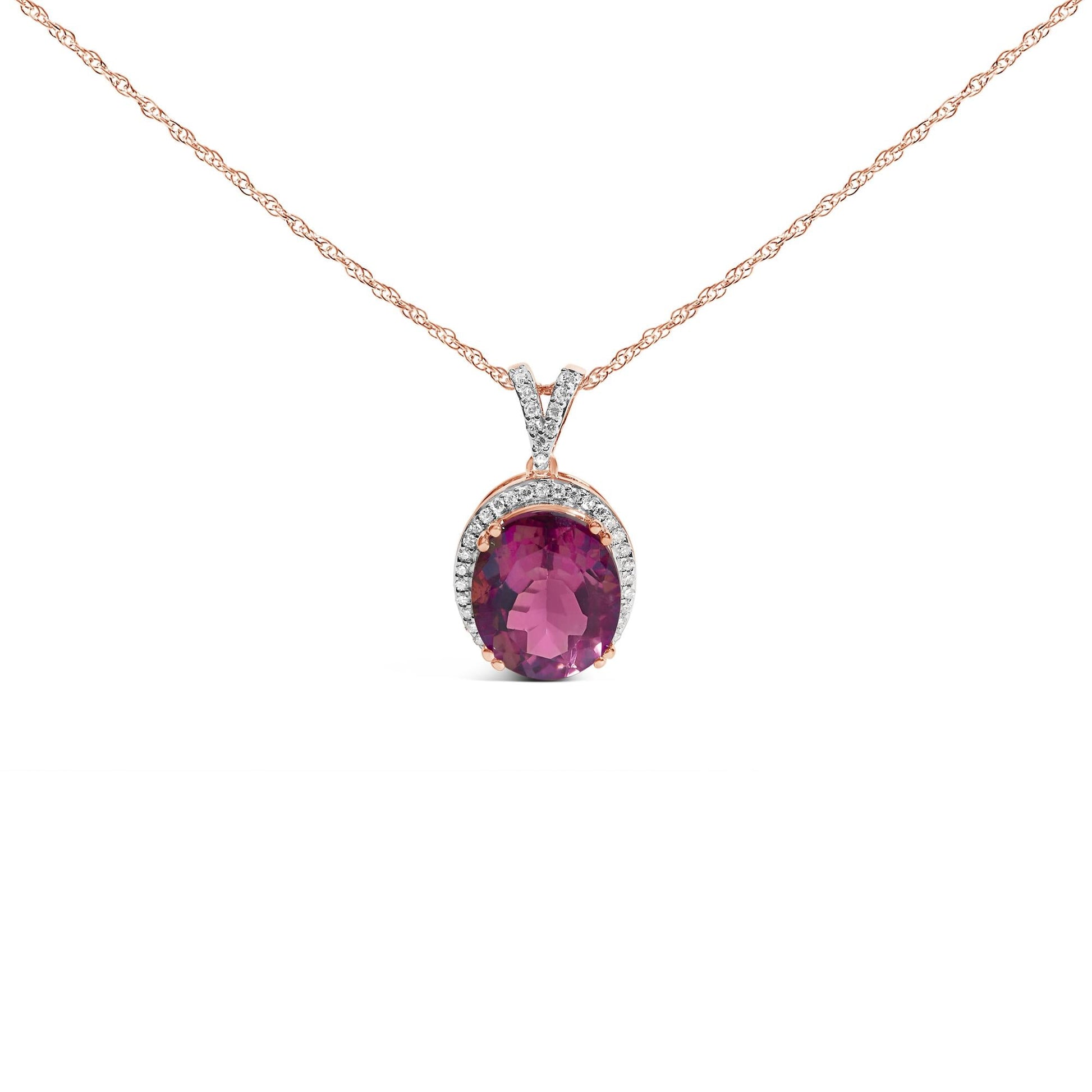 14K Rose Gold Vermeil Sterling Silver 1/5 Cttw Diamond Pink Quartz Oval Pendant Necklace-0