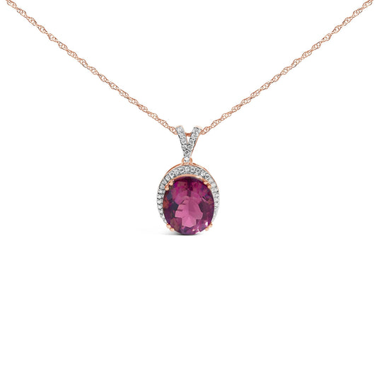 14K Rose Gold Vermeil Sterling Silver 1/5 Cttw Diamond Pink Quartz Oval Pendant Necklace-0