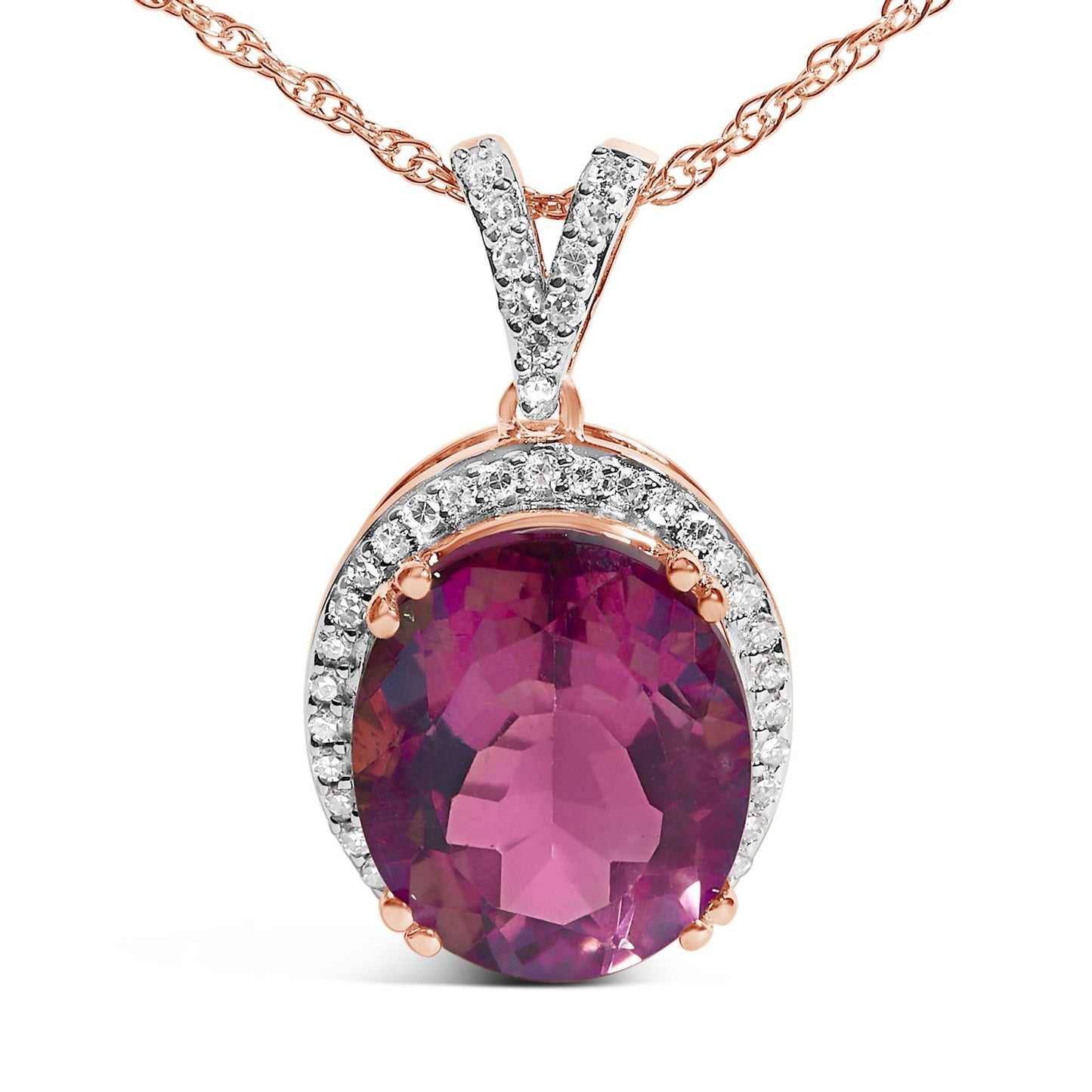 14K Rose Gold Vermeil Sterling Silver 1/5 Cttw Diamond Pink Quartz Oval Pendant Necklace-1