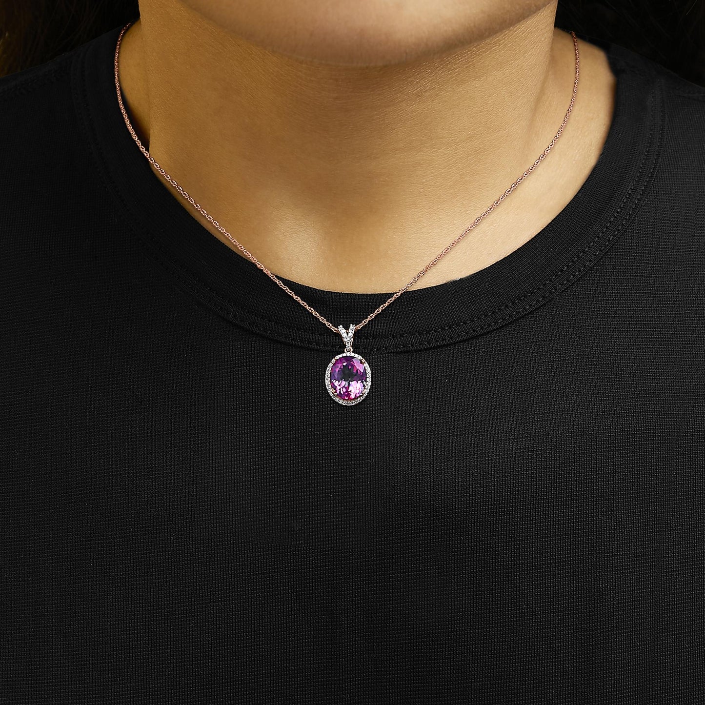 14K Rose Gold Vermeil Sterling Silver 1/5 Cttw Diamond Pink Quartz Oval Pendant Necklace-2