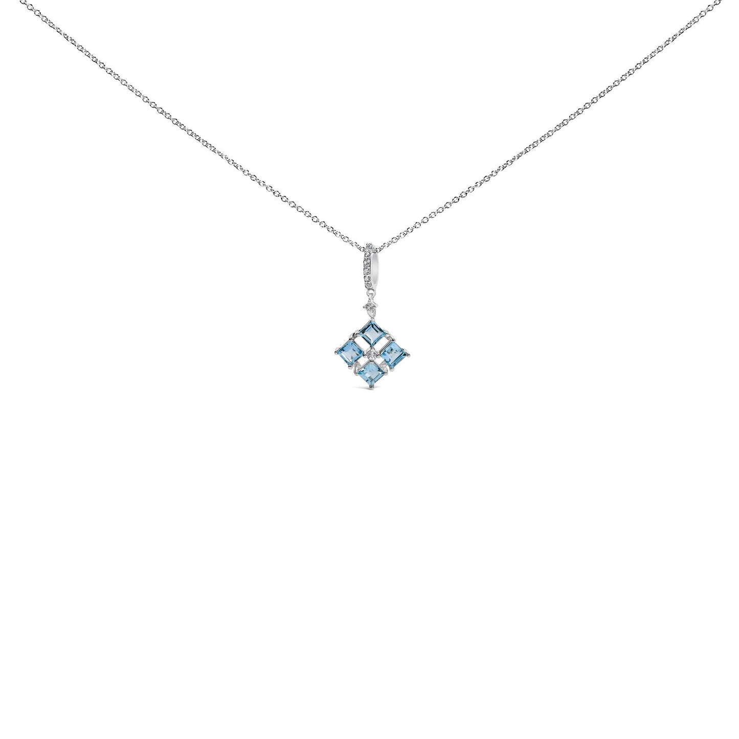 Sterling Silver Blue Topaz and White Sapphire Square Motif Pendant Necklace 18 Inch-0