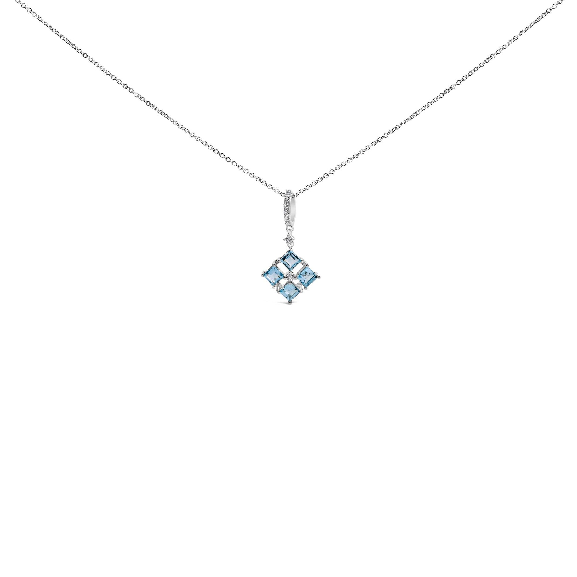 Sterling Silver Blue Topaz and White Sapphire Square Motif Pendant Necklace 18 Inch-0