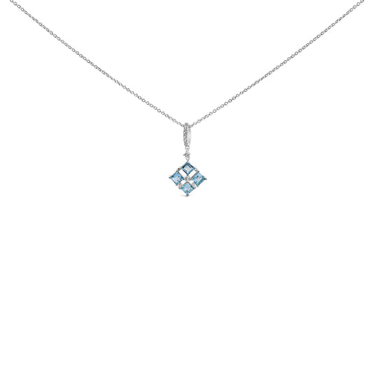 Sterling Silver Blue Topaz and White Sapphire Square Motif Pendant Necklace 18 Inch-0