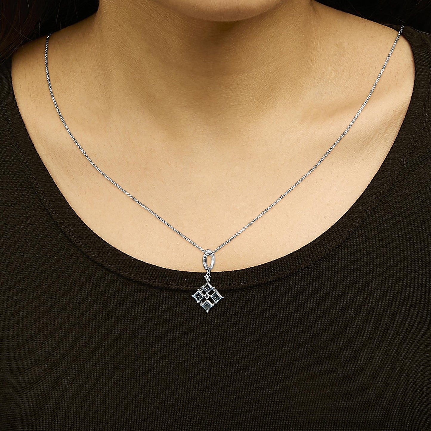 Sterling Silver Blue Topaz and White Sapphire Square Motif Pendant Necklace 18 Inch-2