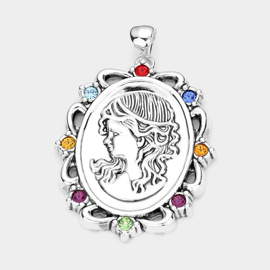 Stone Embellished Embossed Metal Girl Pendant