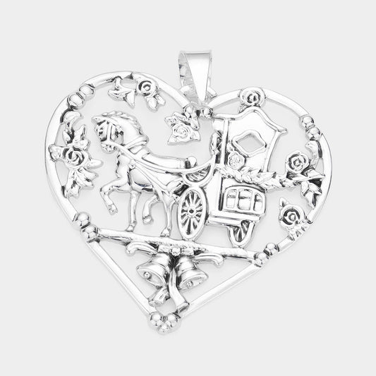 Metal Carriage Christmas Jingle Bell Accented Heart Pendant