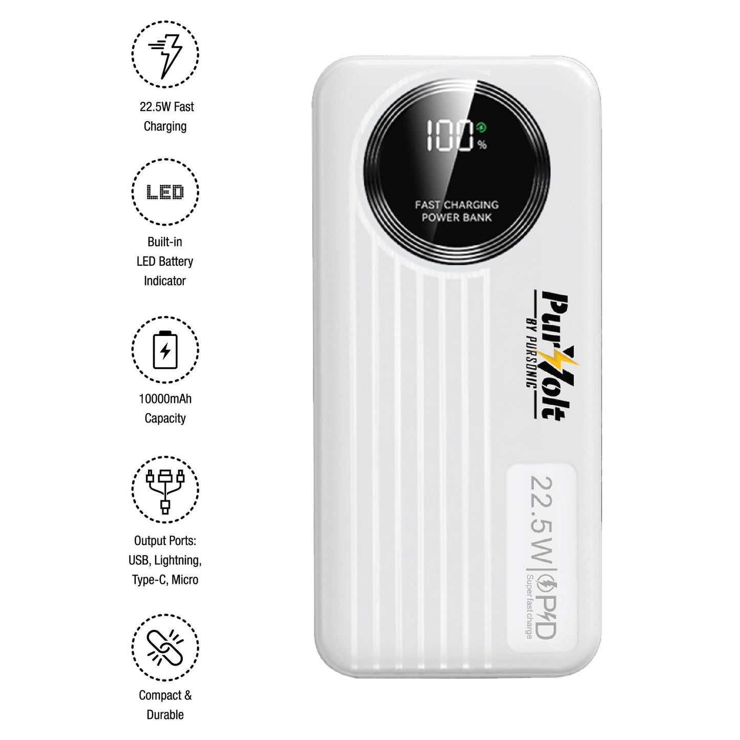 Pursonic Power Anywhere Bundle – PurVolt 40,000mAh Power Bank + LED Fast Charging Power Bank with Built-in Cables-3