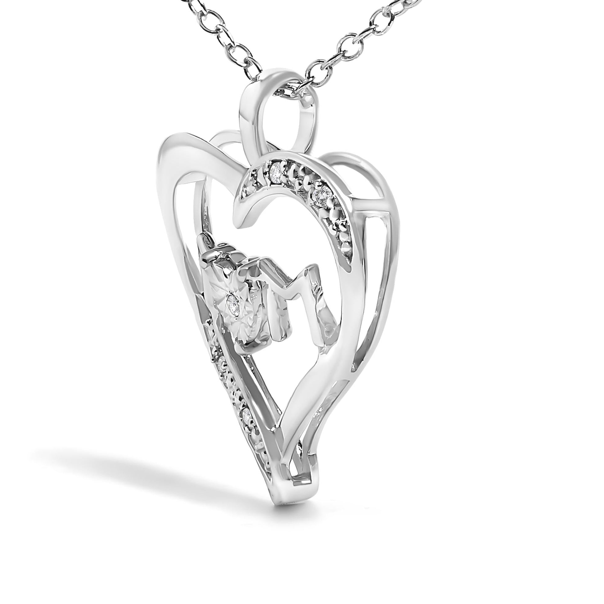 .925 Sterling Silver Diamond Accent MOM with Heart Pendant Necklace (J-K Color, I2-I3 Clarity) - 18" Inches-3