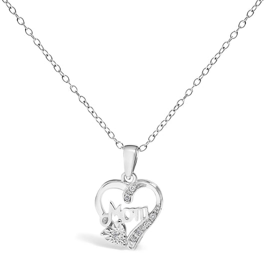 .925 Sterling Silver Diamond Accent Mom with Heart Pendant Necklace (J-K Color, I2-I3 Clarity) - 18" Inches-0