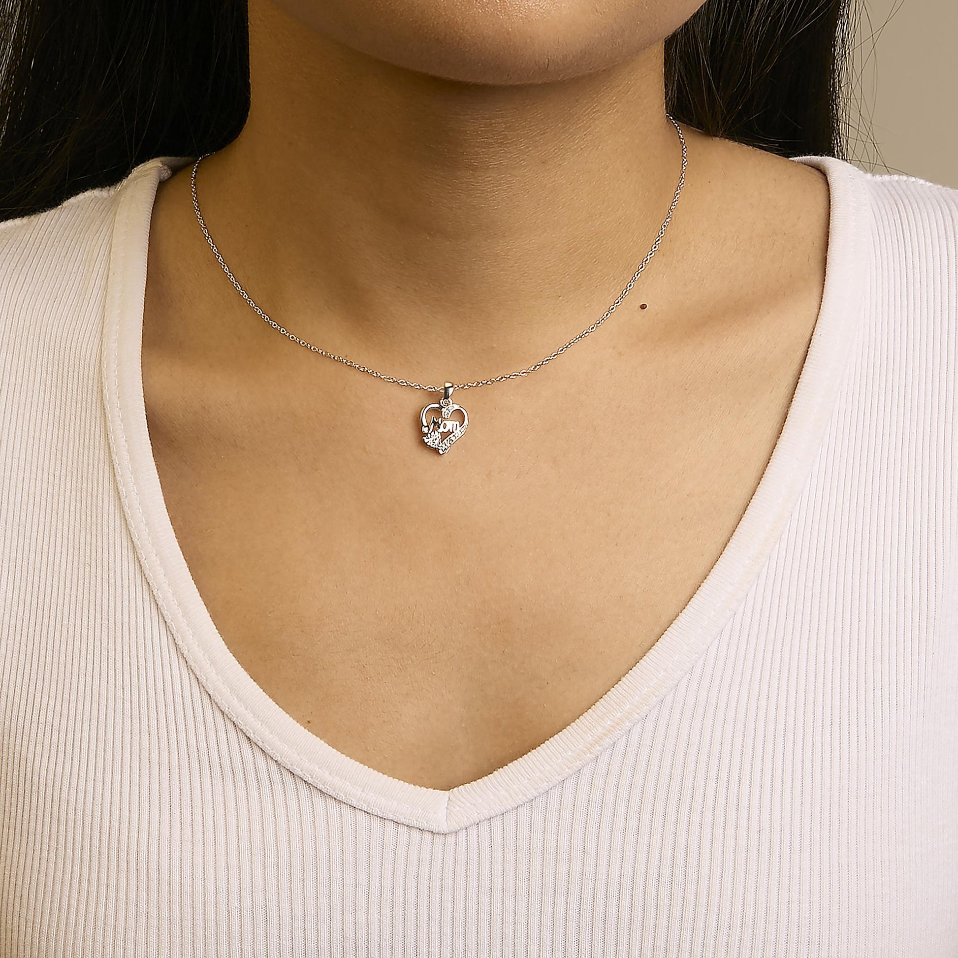 .925 Sterling Silver Diamond Accent Mom with Heart Pendant Necklace (J-K Color, I2-I3 Clarity) - 18" Inches-2