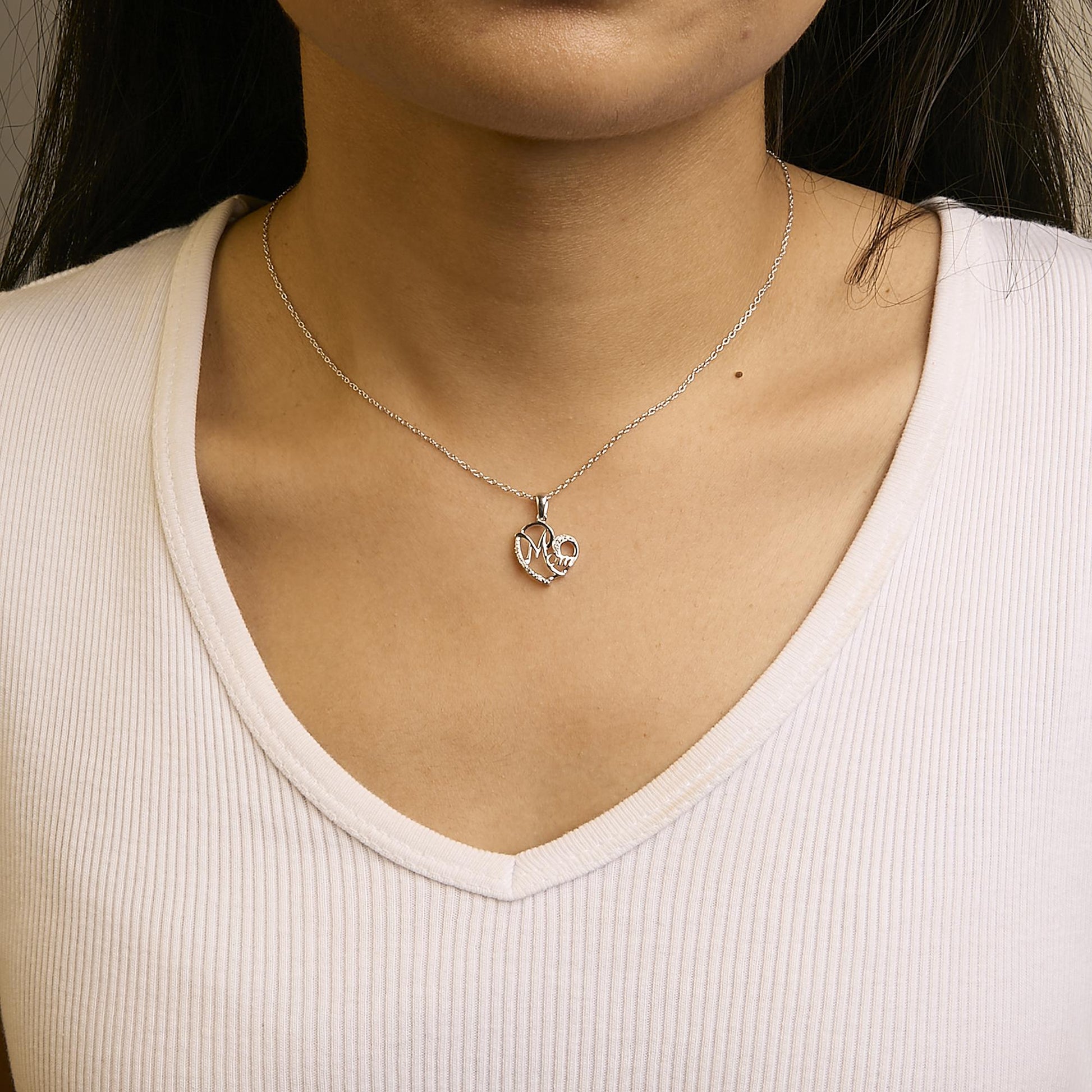 .925 Sterling Silver Cursive Mom Heart Diamond Accent Pendant Necklace (J-K Color, I2-I3 Clarity) - 18" Inches-2