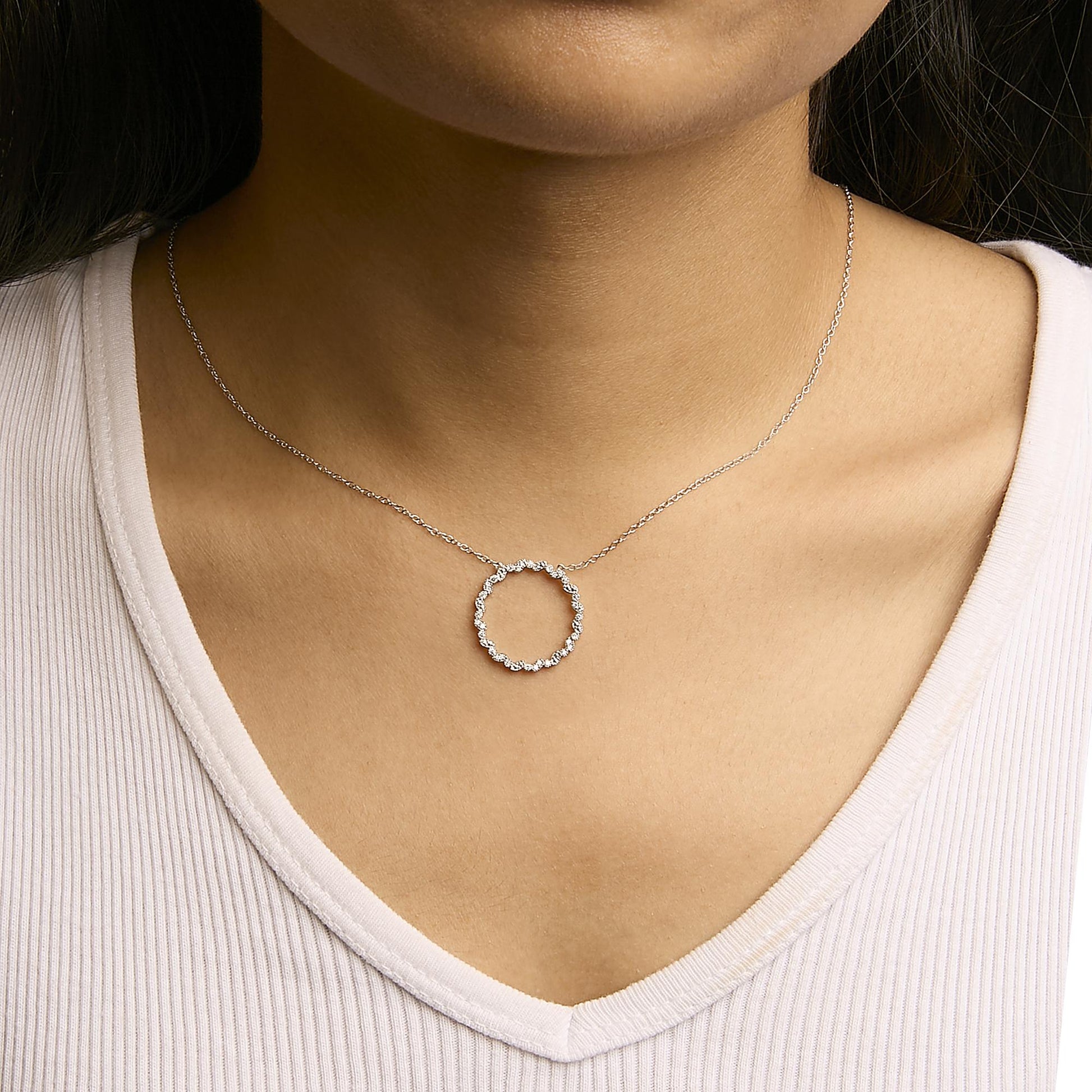 .925 Sterling Silver 1/7 Cttw Lab Grown Diamond Beaded Love Circle Pendant Necklace - Size 18 Inches-2