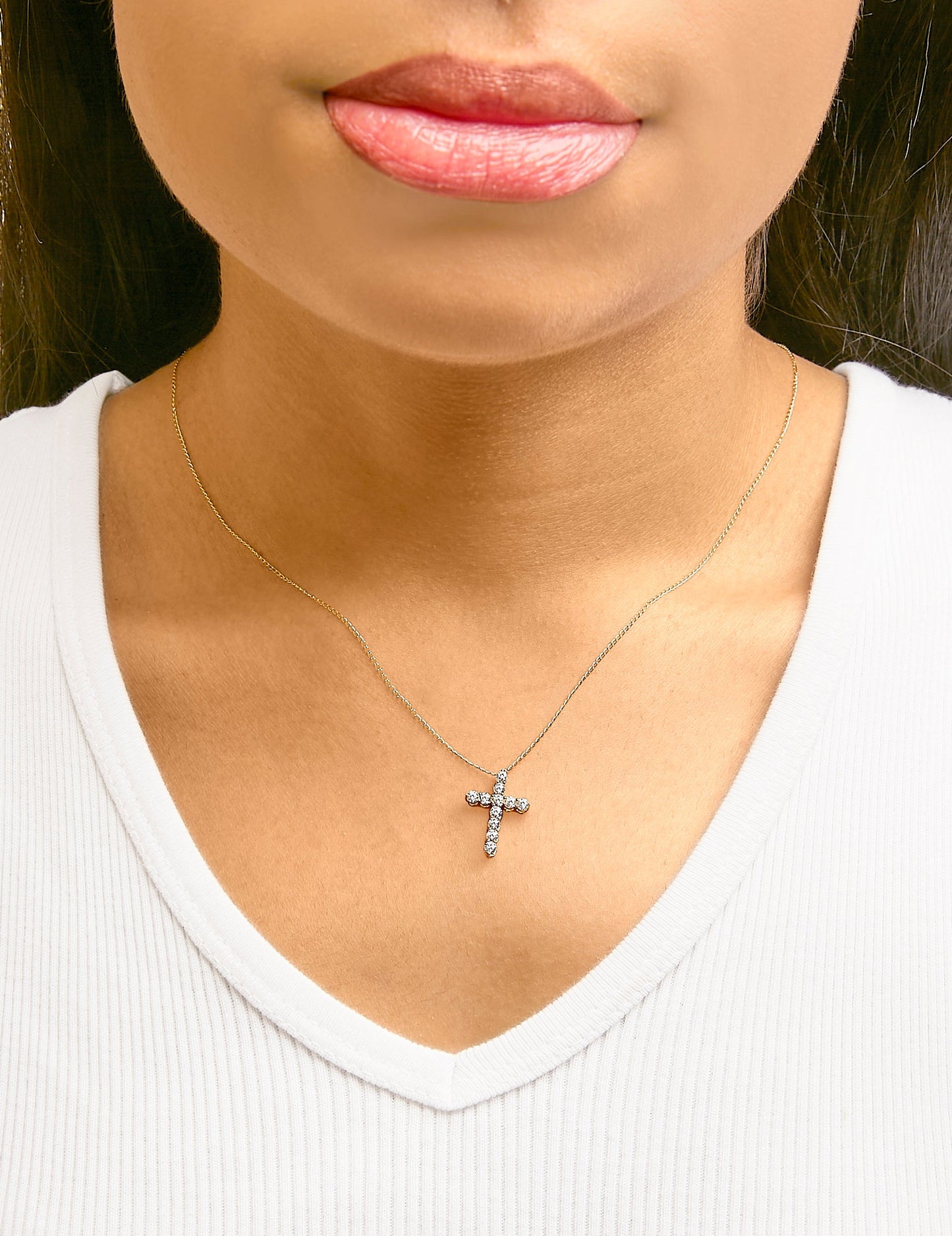 14K Gold 1/2 Cttw Lab Grown Diamond 11 Stone Cross Pendant Necklace-4