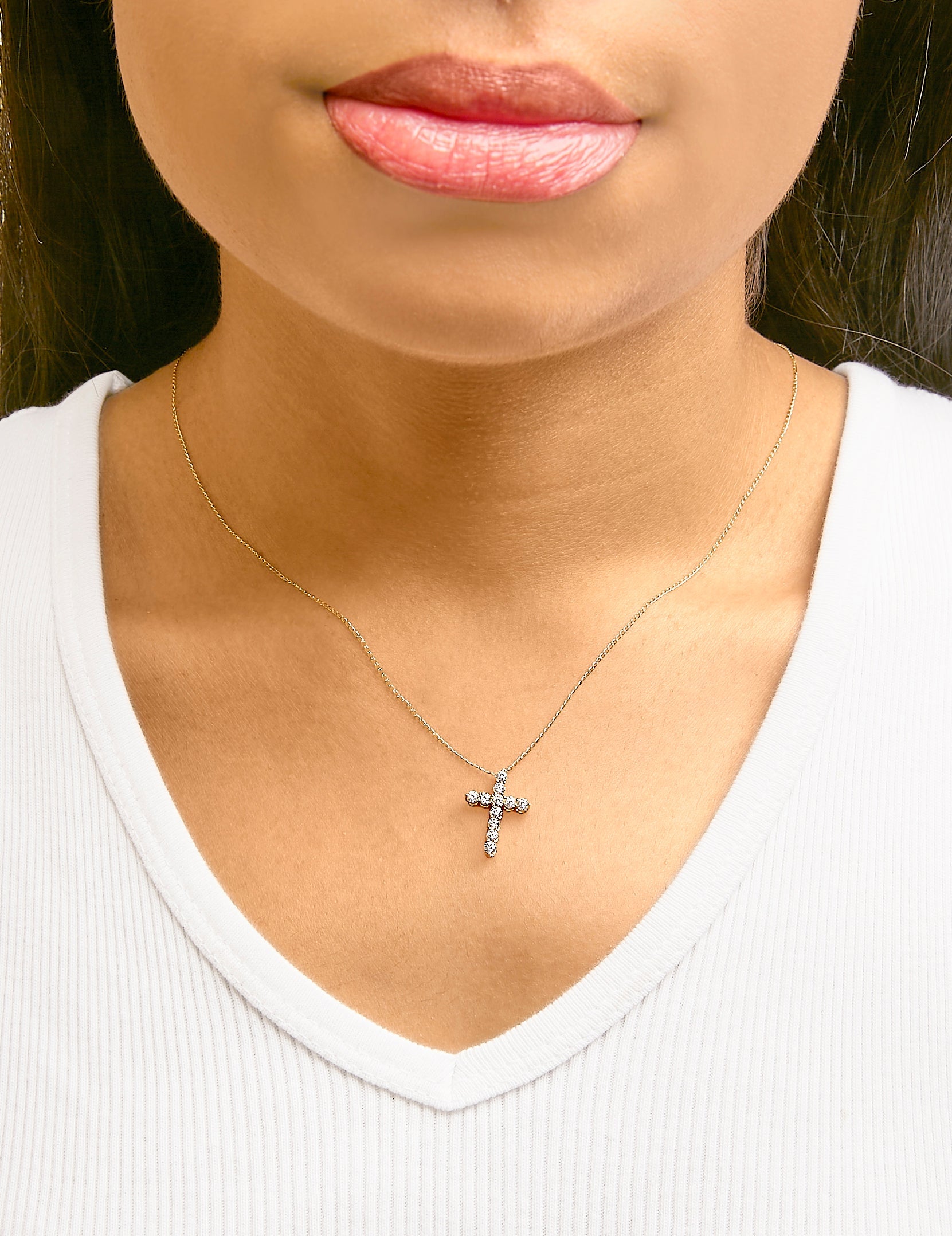14K Gold 1/2 Cttw Lab Grown Diamond 11 Stone Cross Pendant Necklace-4
