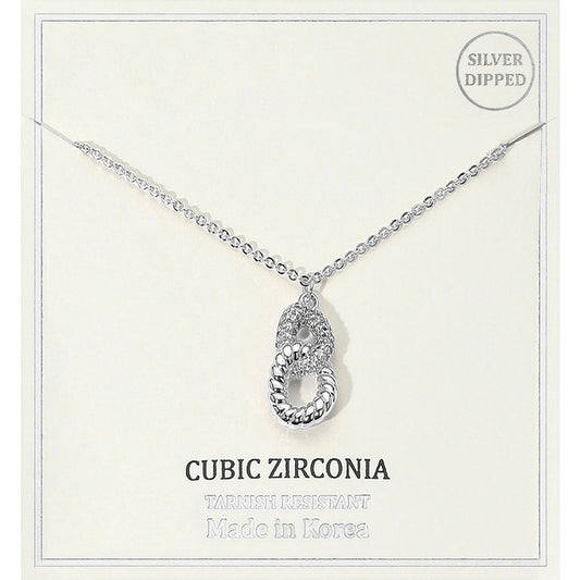 Silver Dipped Double Loop CZ Stone Pendant Necklace