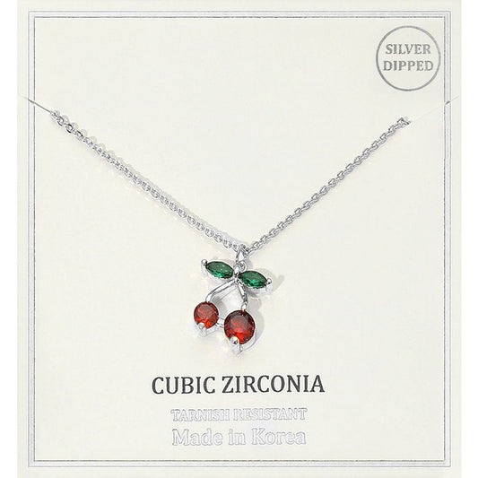 Silver Dipped CZ Stone Cherry Pendant Necklace