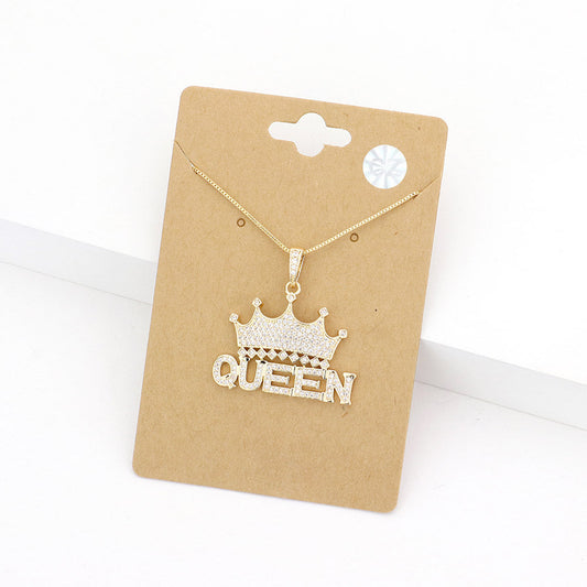 CZ Queen Message Crown Pendant Necklace